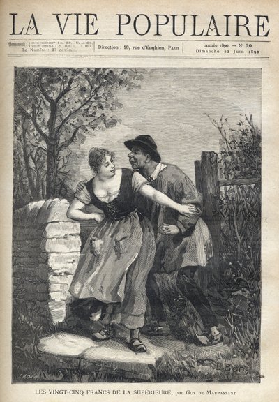 Um casal de camponeses, o homem de blusa e casco, saltou para a jovem que o empurrou de volta com um sorriso e uma luz. Ilustração de E. Bertin para Les twenty five francs de la superieure de Guy de Maupassant (1850-1893). Gravura de Fortune Meaulle (184 de Fortune Louis Meaulle