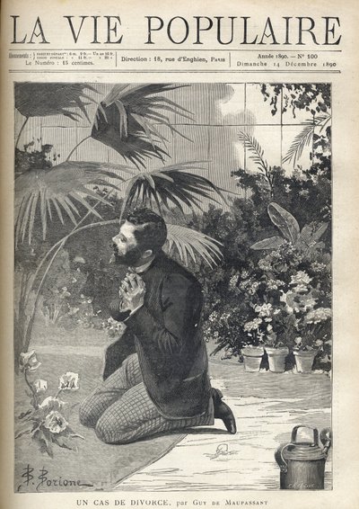Um homem desesperado reza de joelhos numa estufa. Ilustração de F. Meaulle após B. Borione para "Um caso de divórcio" de Guy de Maupassant (1850-1893). Gravura de 1890 em "La vie populaire". Coleção Particular de Fortune Louis Meaulle