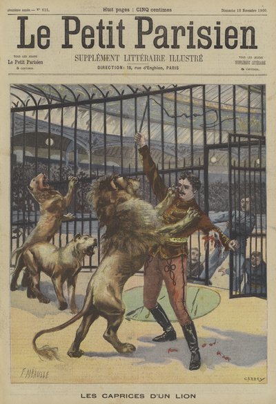 Um domador de leões sendo atacado por um de seus animais de Fortune Louis Meaulle