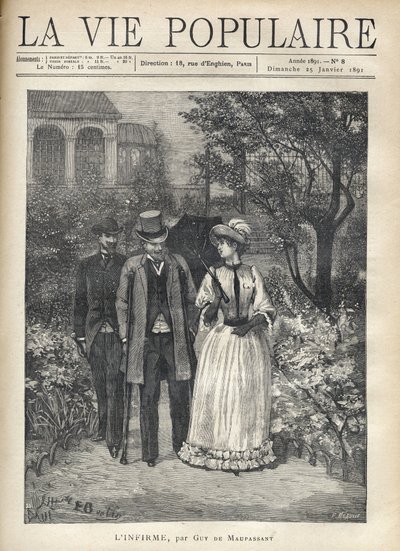 Um homem com bequilles caminha com uma elegante jovem mulher nos becos de um parque. Um segundo homem segue-os. Ilustração de Fortune Louis (Fortune-Louis) Meaulle para "L