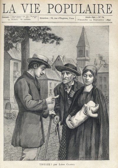 Uma enfermeira segurando um novo enxame, acompanhada pelo pai, um velho camponês, com um olhar determinado, encontra um homem da burguesia, que lê cuidadosamente um jornal, na praça de uma aldeia provincial. Ilustração de René Schutzenberger (1860-1916), p de Fortune Louis Meaulle