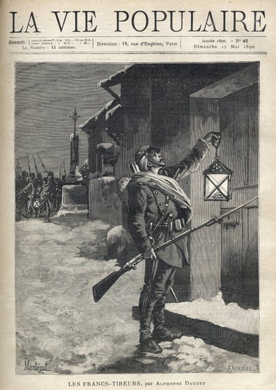 Um soldado, carregando toda a sua barda, uma espingarda de baioneta e acenando uma lanterna em frente à porta fechada de uma casa da cidade. Atrás dele, perto da Cruz de Ferro, o resto da trupe chega para se juntar a ele. Ilustração de Montegut (?) , para  de Fortune Louis Meaulle