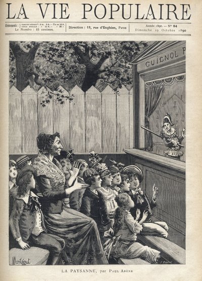 Uma mulher no meio de um grupo de crianças aplaude um espetáculo de marionetes (Guignol). Ilustração de Fortune Meaulle de Montegut para "O camponês" de Paul Arene (1843-1896). Gravura em "La vie populaire" (La vie populaire). de Fortune Louis Meaulle