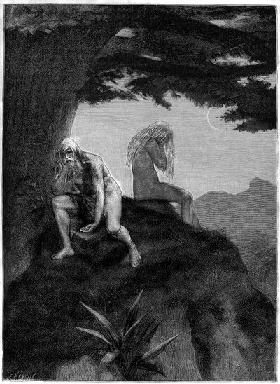 Adão e Eva. Desenho de sepulturas de Meaulle, ilustrando o poema de Victor Hugo "Les misheureux", na coleção "Les contemplations", edição Paul Ollendorff, início do século XX. de Fortune Louis Meaulle