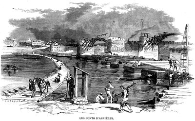 Após o incêndio da ponte de Asnieres durante o cerco de Paris em 1870, foi instalada uma ponte-barco (boat bridge) - nesta gravura de Meaulle (cerca de 1870), uma outra estrutura de madeira ao lado da ponte detruit - Commune de Paris - de Fortune Louis Meaulle