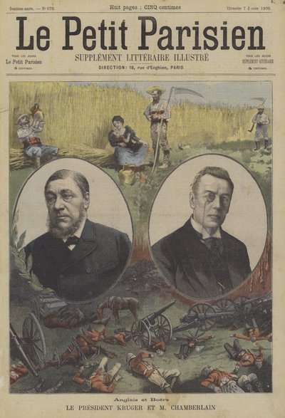 Britânicos e bôeres: Presidente Kruger de Transvaal e Joseph Chamberlain, Secretário Britânico de Estado para as Colônias de Fortune Louis Meaulle