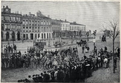 Partida da corrida de ciclismo Bordeaux-Paris (Bordeaux Paris) em 1891 - gravura de Meaulle de 1891 de Fortune Louis Meaulle