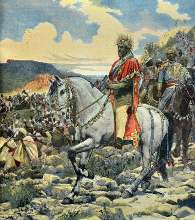 Retrato equestre do rei Menelik 2 na batalha de Adoua de Fortune Louis Meaulle