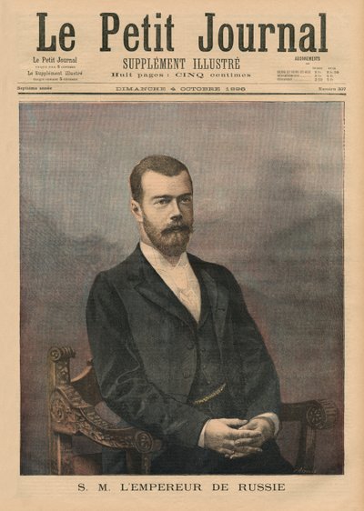 Sua Majestade o Imperador Nicolau II da Rússia, ilustração da capa do "Le Petit Journal", ilustração complementar, 4 de Outubro de 1896 (coulour litho) de Fortune Louis Meaulle