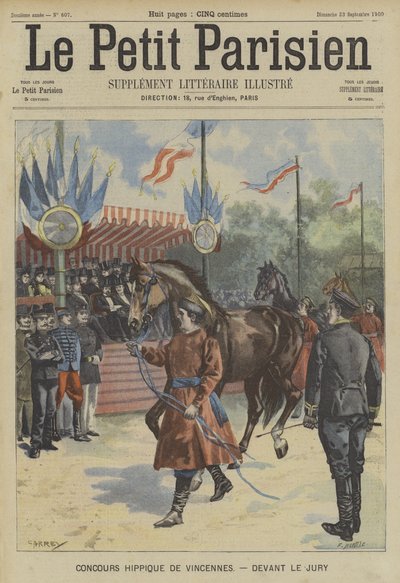 Cavalos desfilaram diante do júri em uma competição em Vincennes, Paris de Fortune Louis Meaulle