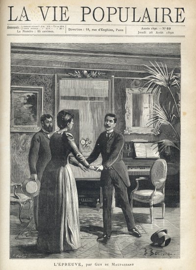 Numa sala de estar burguesa, um homem levanta-se precipitado em direcção à senhora da casa e agarra-lhe as mãos, deixando cair o chapéu no chão, sob o olhar espantoso de outro homem. Ilustração de Bernard Borione (século 1865-20), para o teste de Guy de Fortune Louis Meaulle