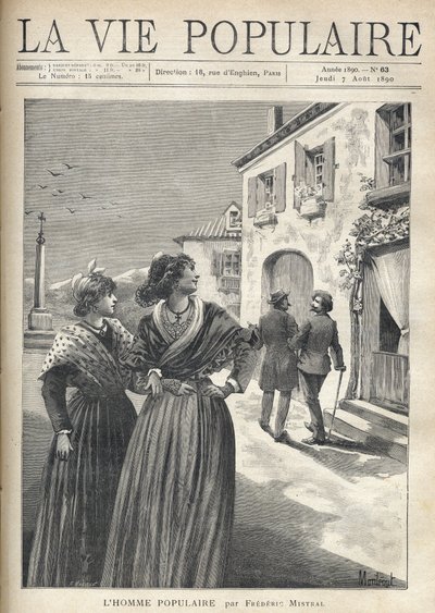 Nas ruas de uma aldeia da Provença, duas lindas mulheres com vestidos provençais voltam-se para a rua para enfrentar um homem que se vira confiante para os seus olhos. Ilustração de Montegut para O Homem Popular de Frederic Mistral (1830-1914). Gravura de  de Fortune Louis Meaulle