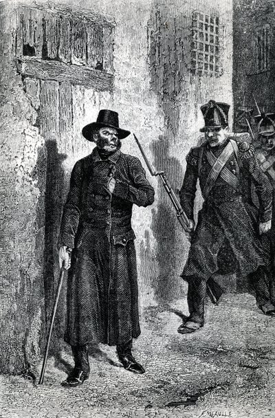 Javert perseguindo Valjean, ilustração de &39;Les Miserables&39; por Victor Hugo, publicado por J. Hetzel, 1865 (gravura em madeira) de Fortune Louis Meaulle