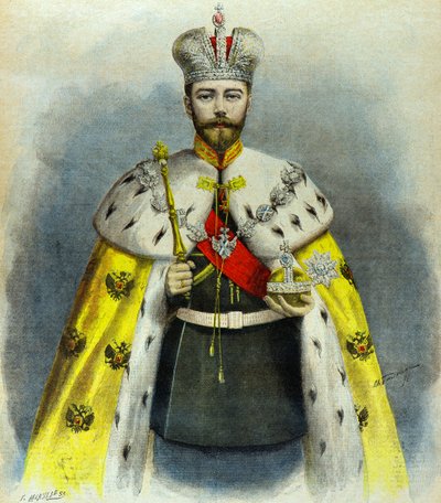 Retrato do czar Nicolau 2 em traje de coroação, em maio de 1896 (gravura) de Fortune Louis Meaulle