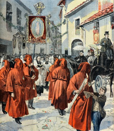 A Rainha Vitória assiste à procissão dos penitentes vermelhos, Nice de Fortune Louis Meaulle