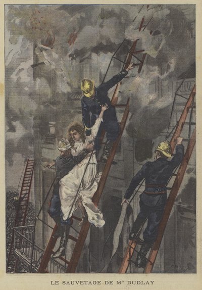 Resgate da atriz Adeline Dudlay do incêndio no Teatro-Francais, Paris de Fortune Louis Meaulle