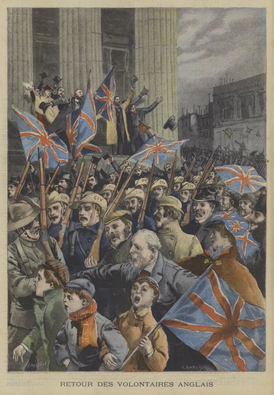 Soldados da Cidade de Londres, Voluntários Imperiais, marchando por Londres em seu retorno da Guerra dos Bôeres de Fortune Louis Meaulle