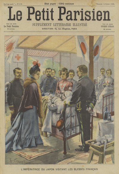 A Rebelião dos Boxers: a Imperatriz do Japão visitando franceses feridos de Fortune Louis Meaulle