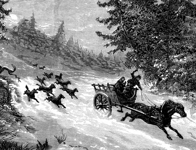 O medo do lobo: uma matilha de lobos persegue uma carroça com três pessoas, puxada por um cavalo que foge na neve, numa floresta das Ardenas - gravura de Meaulle em "O Universo Ilustrado" n.º 918, janeiro de 1872 - de Fortune Louis Meaulle