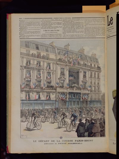 O início da corrida de bicicleta Paris-Brest em frente aos escritórios do &39;Le Petit Journal&39;, ilustração da revista do mesmo nome, 15 de setembro de 1891 de Fortune Louis Meaulle