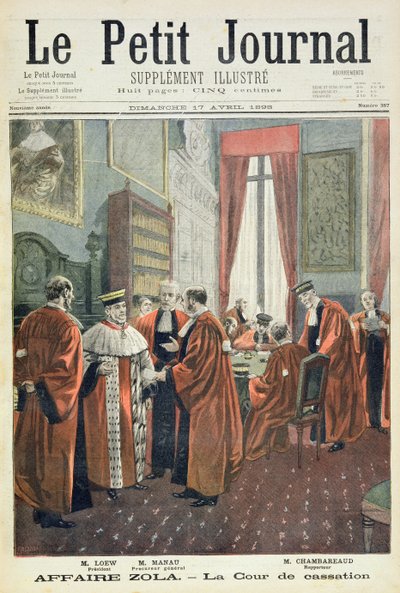Página de rosto do Tribunal de Cassação com o Sr. Loew, Sr. Chambareaud e Sr. Manau, ilustração do suplemento ilustrado do Le Petit Journal de Fortune Louis Meaulle