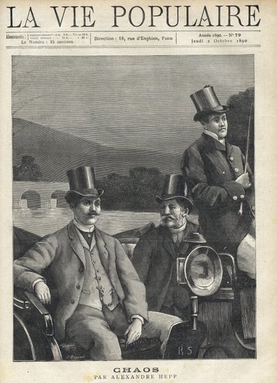 Dois homens de fato e cartola montados num laço de cavalo, liderados por um cocheiro. Estão a ir ao longo de um rio. Ilustração para o Caos por Alexandre Hepp (1857-1924). Gravura de Fortune Meaulle (1844-1901) de Fortune Louis Meaulle