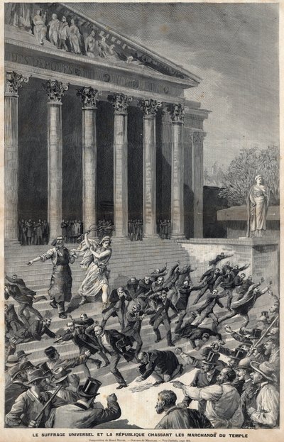 Sufrágio Universal e a República perseguindo os mercadores do Templo - alegoria sobre as consequências do caso Panamá - Gravura de Meaulle de Henri Meyer de Fortune Louis Meaulle