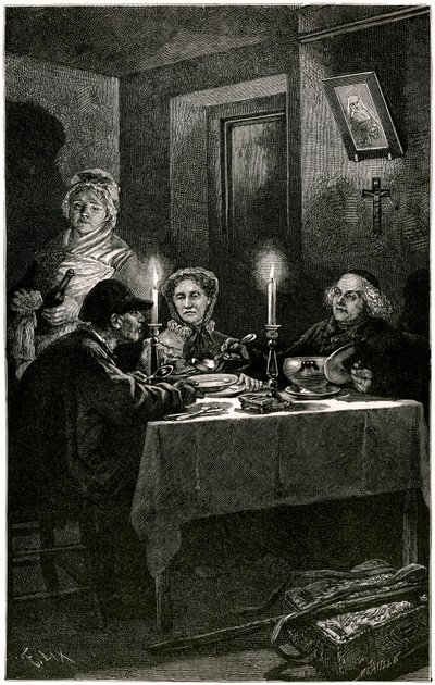 Victor Hugo "Os Miseráveis" Ilustração de Lix gravada por Meaulle: o Forcat e o Eveque. Jean Valjean, a quem o eveque Myriel ofereceu o hospital, vai cometer a sua última fuga: os talheres de prata do seu anfitrião. Sobre a mesa, os dois candelabros de pra de Fortune Louis Meaulle