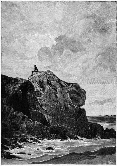 Victor Hugo no exílio em Jersey, em 1855, no rochedo Proscriit. Gravura de Louis Fortune Meaulle (1844-1901), da qual Hugo disse: "I think, il grave". de Fortune Louis Meaulle
