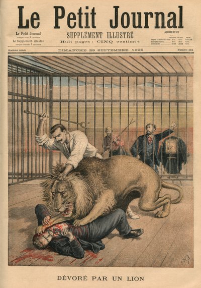 Sendo devorada por um leão, ilustração da capa do &39;Le Petit Journal&39;, suplemento ilustrado, 29 de setembro de 1895 de Fortune Louis Meaulle and Henri Meyer
