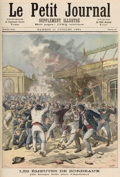 Eventos em Bordeaux: Queimando um quiosque na Place d&39;Aquitaine, de &39;Le Petit Journal&39;, 11 de julho de 1891 de Fortune Louis Meaulle and Henri Meyer