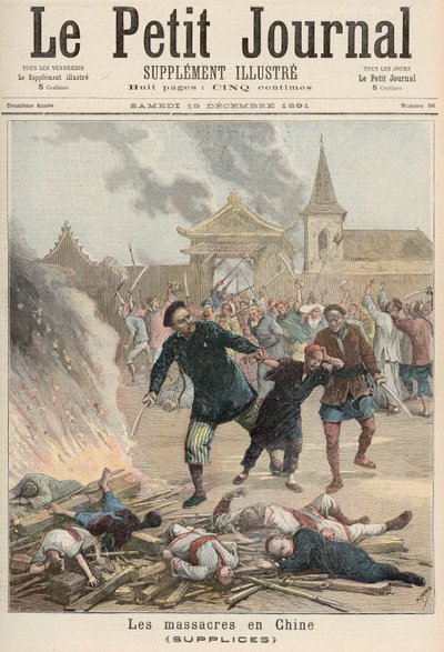 Massacre na China, de &39;Le Petit Journal&39;, 19 de dezembro de 1891 (cor lito) de Fortune Louis Meaulle and Henri Meyer