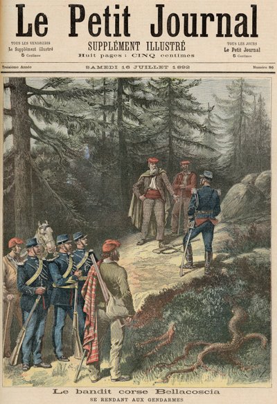 O Bandido da Córsega, Jacques Bellacoscia, entregando-se à polícia, de &39;Le Petit Journal&39;, 16 de julho de 1892 (cor litho) de Fortune Louis Meaulle and Henri Meyer