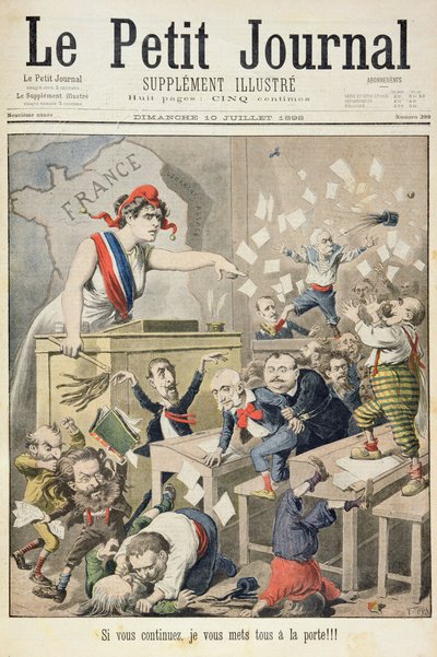 Página de rosto representando um tumulto na Câmara dos Deputados, ilustração do suplemento ilustrado do Le Petit Journal, 10 de julho de 1898 de Fortune Louis Meaulle and Henri Meyer