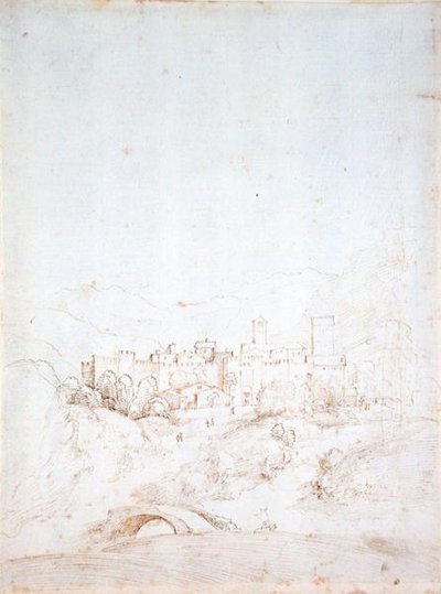 An Italian Hill Town (recto) (caneta, tinta castanha e preta sobre papel) (para verso ver 152661) de Fra Bartolomeo