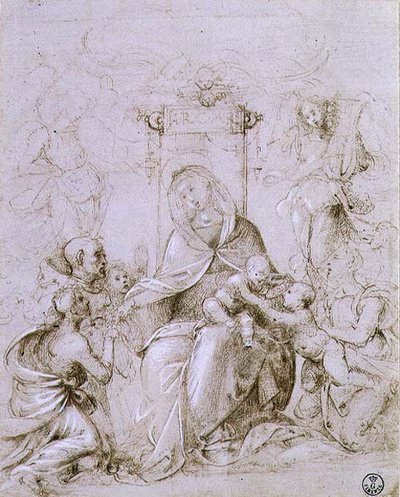 Madonna e Criança entronizadas com São João Batista apresentadas por um anjo e Santa Mônica (caneta e tinta sobre papel) de Fra Bartolomeo