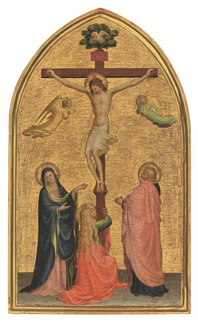 A Crucificação com a Virgem, São João Batista e Madalena (têmpera sobre painel de fundo dourado) de Fra (c.1387-1455) Angelico