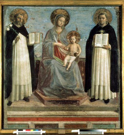 "A Virgem e o Menino com os Santos Domingos e Tomás de Aquino" (A Virgem e o Menino com os Santos Domingos e Tomás de Aquino) impressão em bloco de madeira de Gui de Fra (c.1387 1455) Angelico