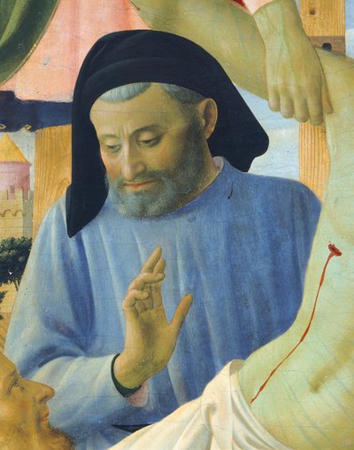 Arquiteto Michelozzo, detalhe de A Deposição da Cruz ou o Retábulo da Santíssima Trindade, por volta de 1432, de Giovanni da Fiesole conhecido como Fra Angelico (1400-ca 1455), têmpera sobre madeira de Fra (c.1387 1455) Angelico