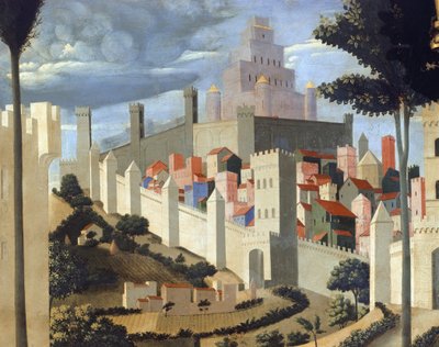 Deposição de Cristo (retábulo da Santíssima Trindade), detalhe da paisagem com vista para Jerusalém e o templo de Solomo -1437-40 (tempera sobre madeira) de Fra  Angelico