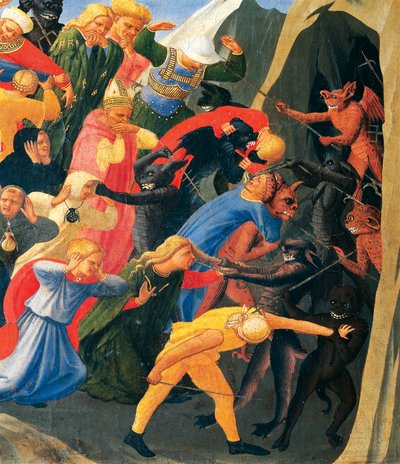 Inferno com demónios a organizar malditos, detalhe de Last Judgment de Giovanni da Fiesole conhecido como Fra Angelico (1400-circa 1455), tempera sobre madeira de Fra (c.1387 1455) Angelico