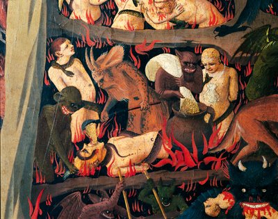 Inferno com demónios a castigar gananciosos, detalhe do Juízo Final por Giovanni da Fiesole conhecido como Fra Angelico (1400-circa 1455), tempera sobre madeira de Fra (c.1387 1455) Angelico