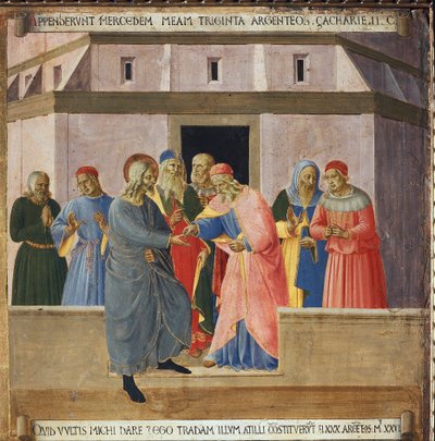 Judas foi ter com os principais sacerdotes e concordou em entregar Jesus em troca de trinta moedas de prata. Vida de Cristo, Armadio degli Argenti. (Tempera sobre madeira de Fra  Angelico