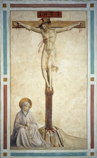 A crucificação com a Virgem Maria. Inscrição "INRI" na cruz. Fresco por Guido di Pietro (ou Fra Giovanni da Fiesole) conhecido como Fra Angelico ou il Beato (1400-1455) de Fra  Angelico