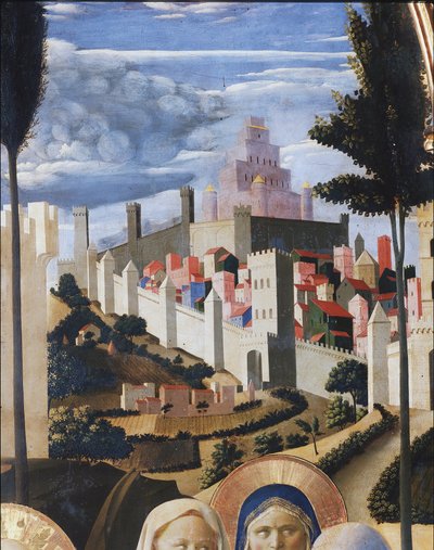 Paisagem com vista para Jerusalém e para o templo de Salomão. Detalhe da deposição de Cristo ou do retábulo da Santíssima Trindade (tempera sobre madeira de Fra  Angelico