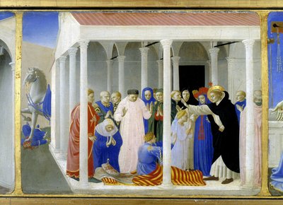Santa Domingas (1170 - 1221) ressuscitando Napoleone Orsini, a parte inferior (a predela) da "Coroação da Virgem" representando Cristo no túmulo e seis episódios da vida de Santa Domingas, fundadora da ordem à qual o Angelicode belonge de Fra  Angelico