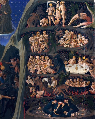 O julgamento final: inferno. As almas dos condenados sujeitos à tortura nos círculos do Inferno. O diabo lá em baixo tem uma delas. Pintura de Guido di Pietro (ou Fra Giovanni da Fiesole) dit Fra Angelico ou il Beato (1400-1455) de Fra  Angelico
