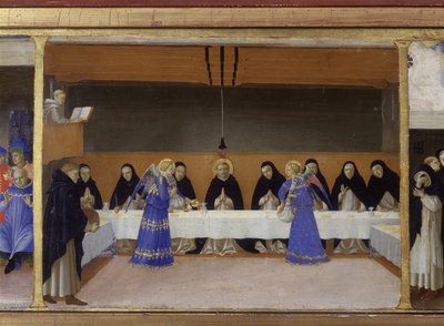 A refeição dos monges servida pelos Anjos - a parte inferior (a predella) da "Coroação da Virgem" retratando Cristo no túmulo e seis episódios da vida de Santa Domingas, fundador da ordem à qual o Angelicode pertenceu Guido di Pietro ( de Fra  Angelico
