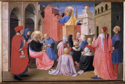 A pregação de São Pedro, na presença de São Marcos. Tabernáculo dos Linálios (Pintura sobre madeira de Fra  Angelico