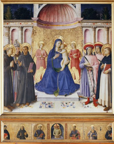 Virgem e criança com seis santos, Santo Antônio de Pádua, São Luís de Toulouse, São Francisco, Santos Cosmas e Damião, StPeter de Verona. Bosco ai Frati (São Pedro Mártir)) (Pintura em madeira. de Fra  Angelico